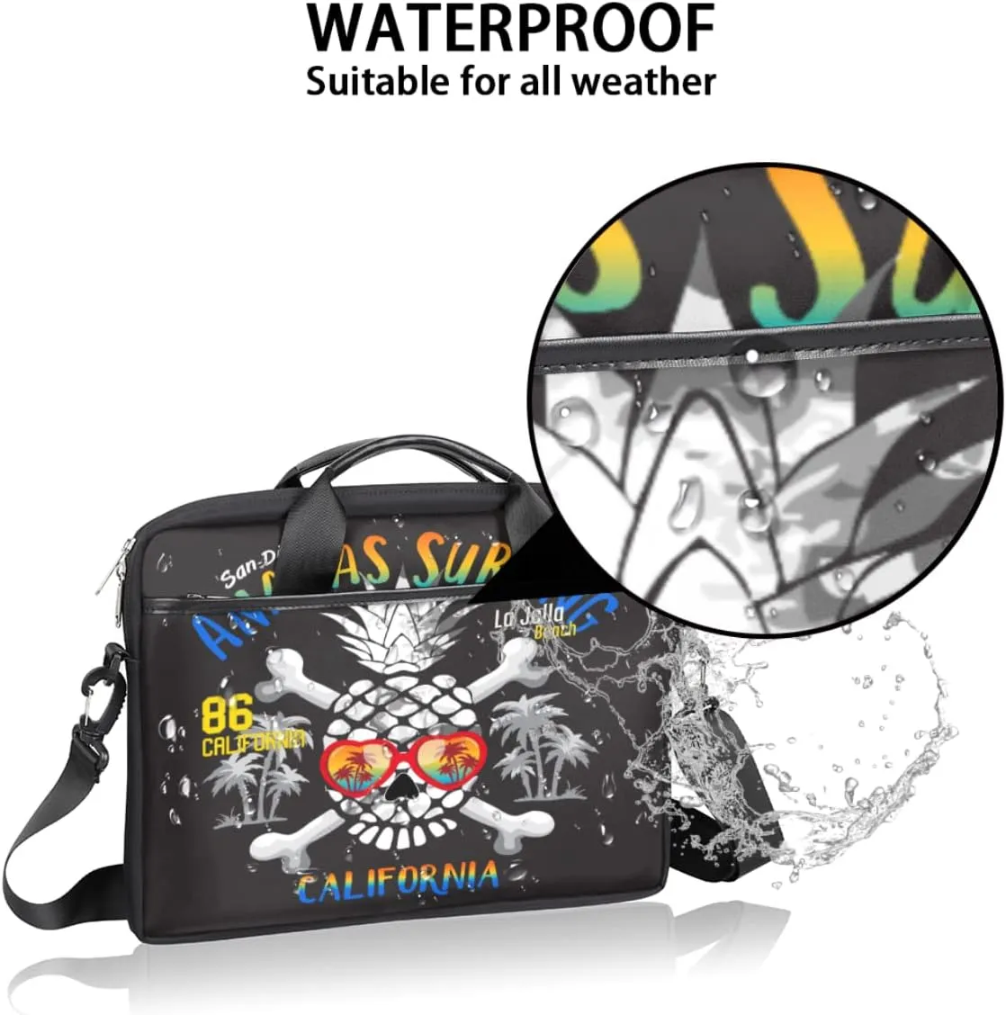 Lifornia Beach Pineapple Skull Laptop Shoulder Messenger Bag Waterproof Laptop Briefcase Handle Padded Strap