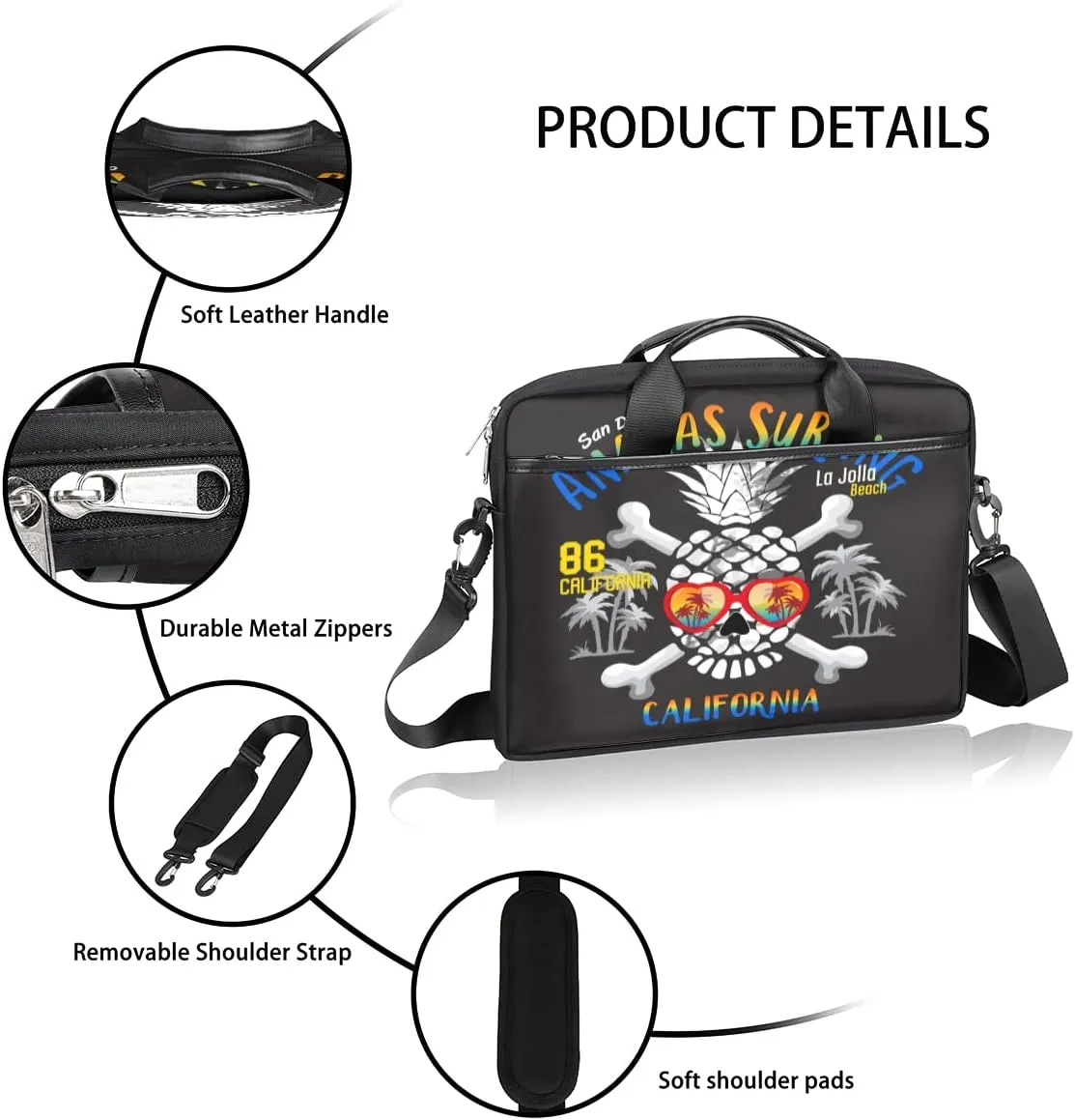 Lifornia Beach Pineapple Skull Laptop Shoulder Messenger Bag Waterproof Laptop Briefcase Handle Padded Strap