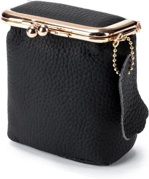 Litchi Leather Coin Purse for Women, Portable Vintage Wallet Mini Lipstick Holder Fashion Solid Color Kiss Lock Key Storage Square Pouch (Black)