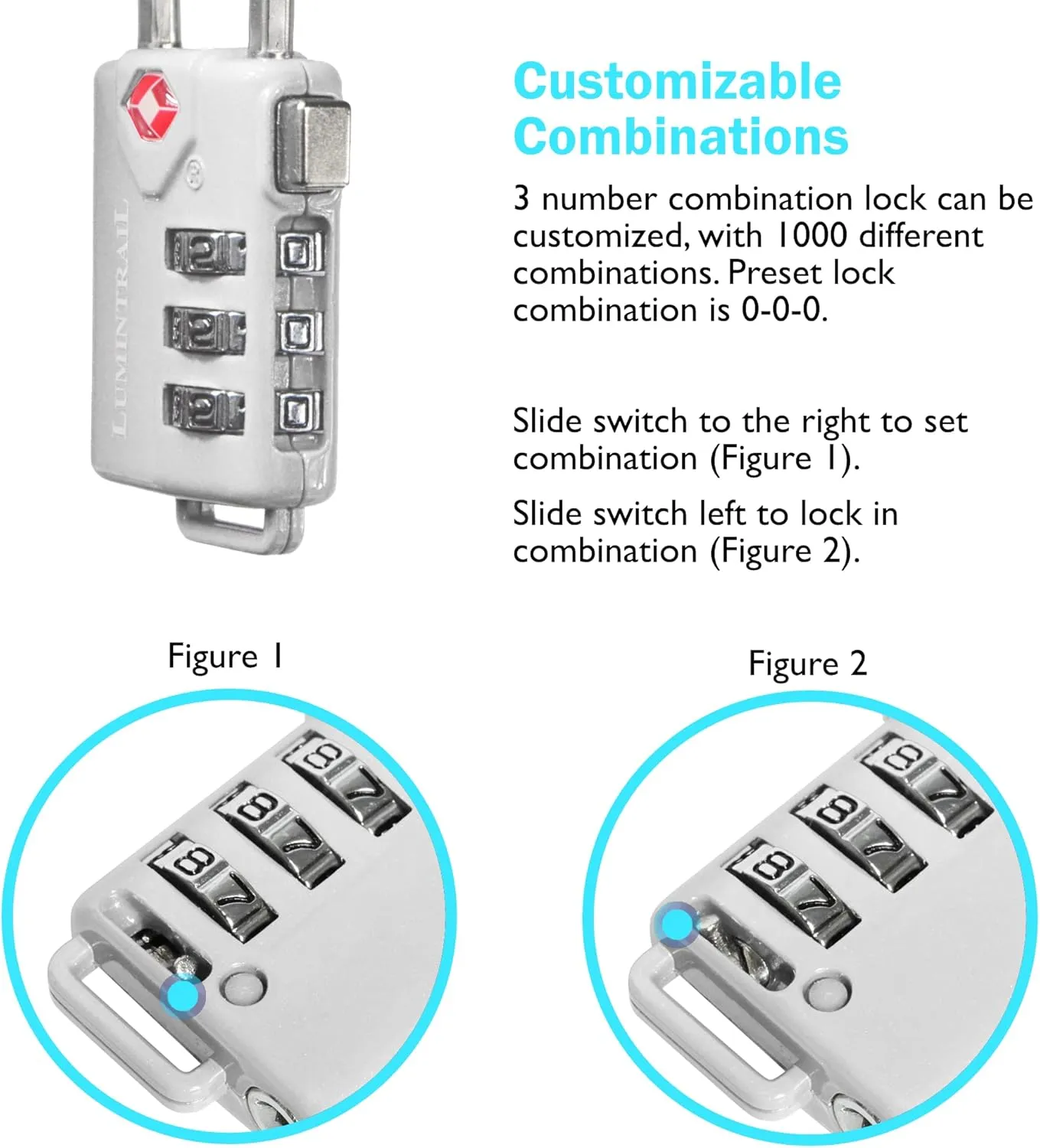 Lumintrail TSA Approved Lock for Luggage or Suitcase, Easy-to-Read 3 Digit Personalized Combination, Metal Travel Suitcase Luggage Lock, Silver, with a 4-FT Braided Steel Cable (1 Pack)