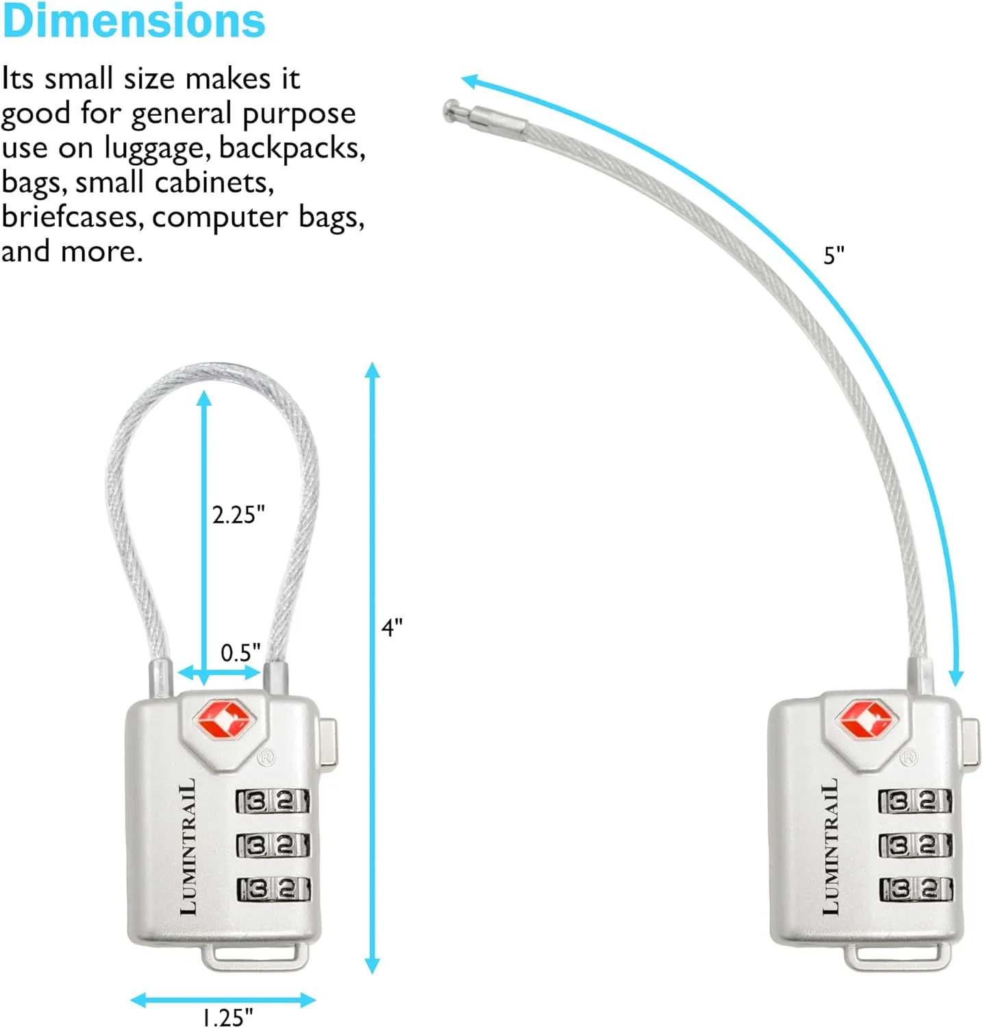 Lumintrail TSA Approved Lock for Luggage or Suitcase, Easy-to-Read 3 Digit Personalized Combination, Metal Travel Suitcase Luggage Lock, Silver, with a 4-FT Braided Steel Cable (1 Pack)