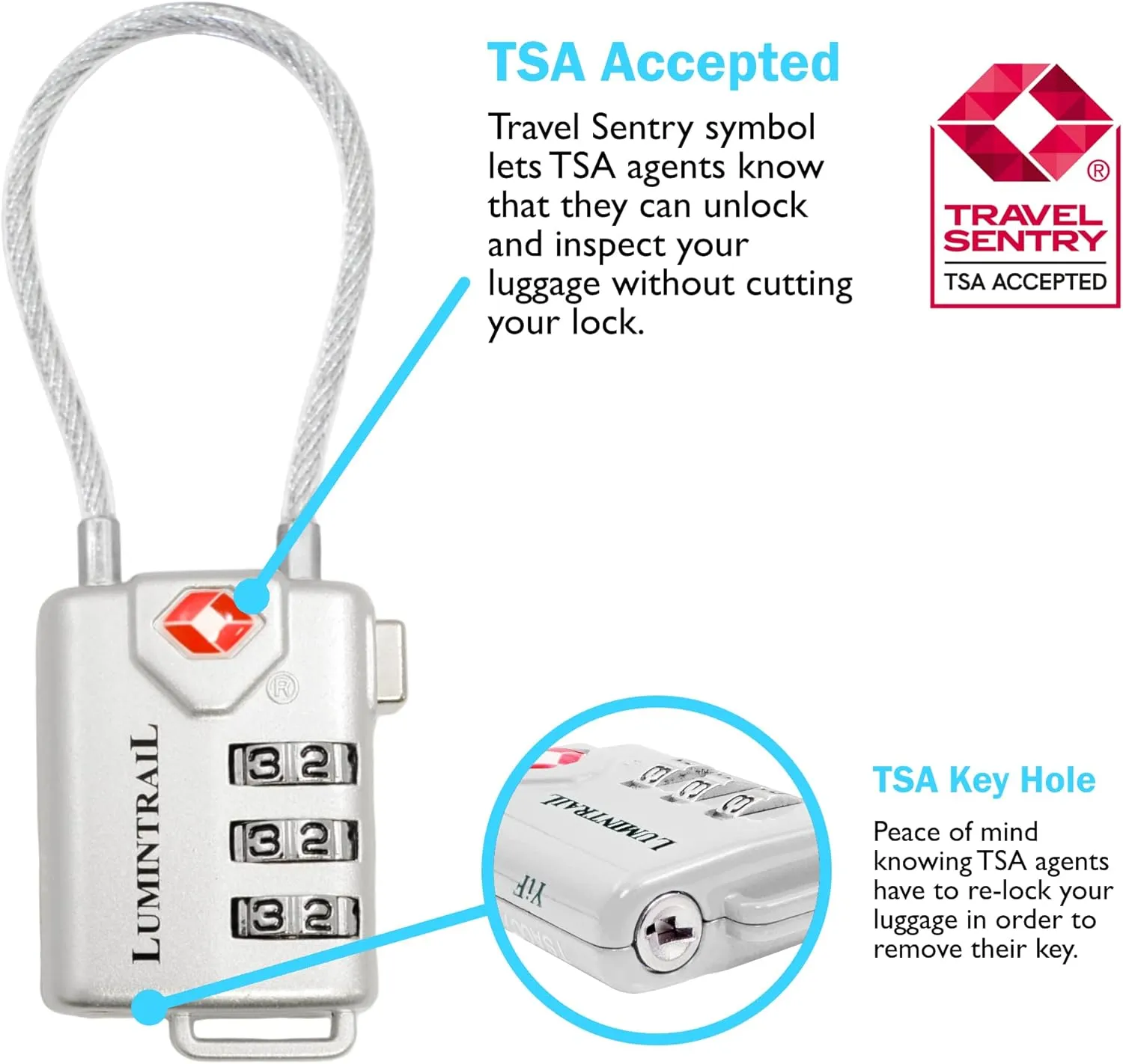 Lumintrail TSA Approved Lock for Luggage or Suitcase, Easy-to-Read 3 Digit Personalized Combination, Metal Travel Suitcase Luggage Lock, Silver, with a 4-FT Braided Steel Cable (1 Pack)