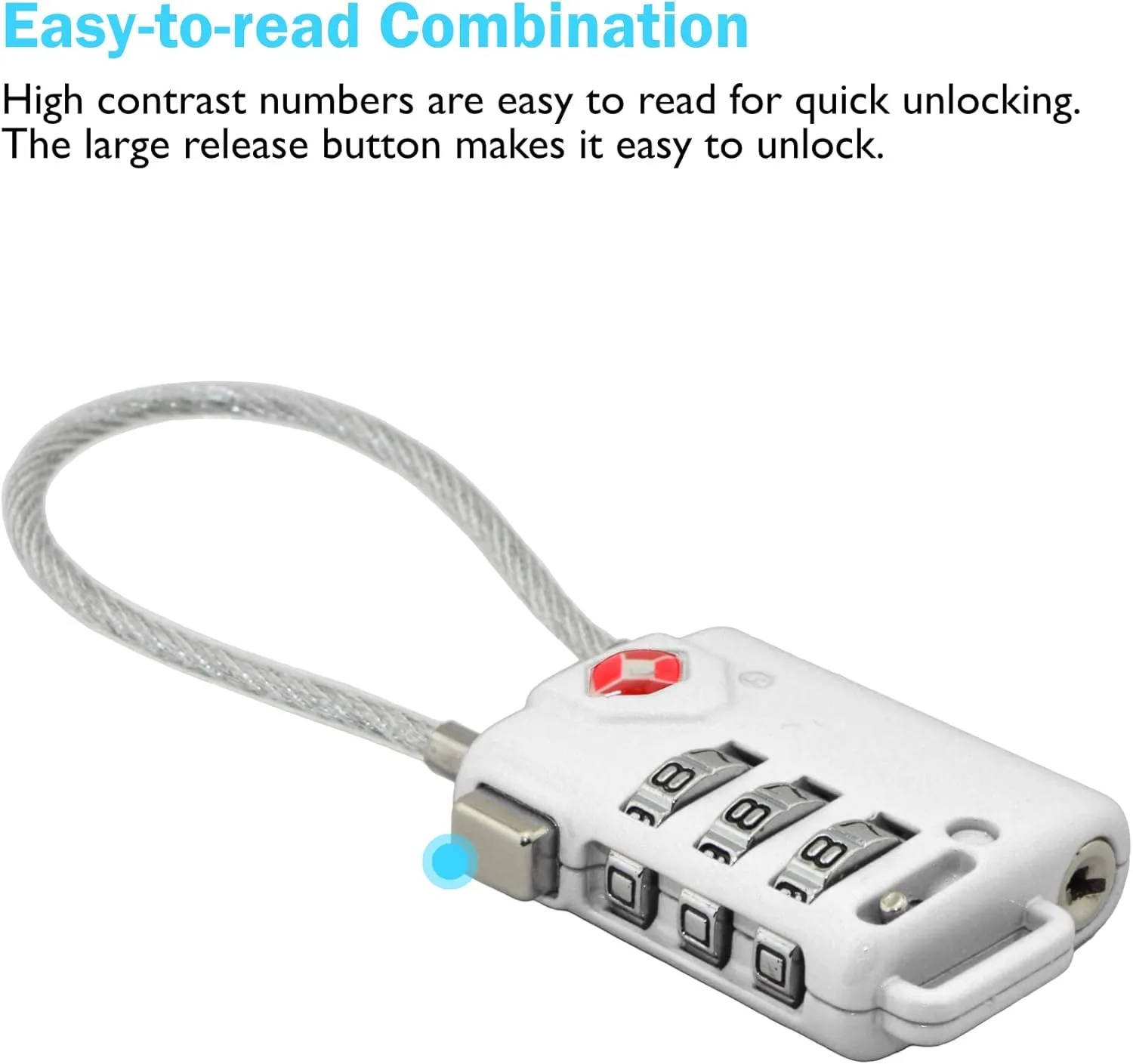 Lumintrail TSA Approved Lock for Luggage or Suitcase, Easy-to-Read 3 Digit Personalized Combination, Metal Travel Suitcase Luggage Lock, Silver, with a 4-FT Braided Steel Cable (1 Pack)