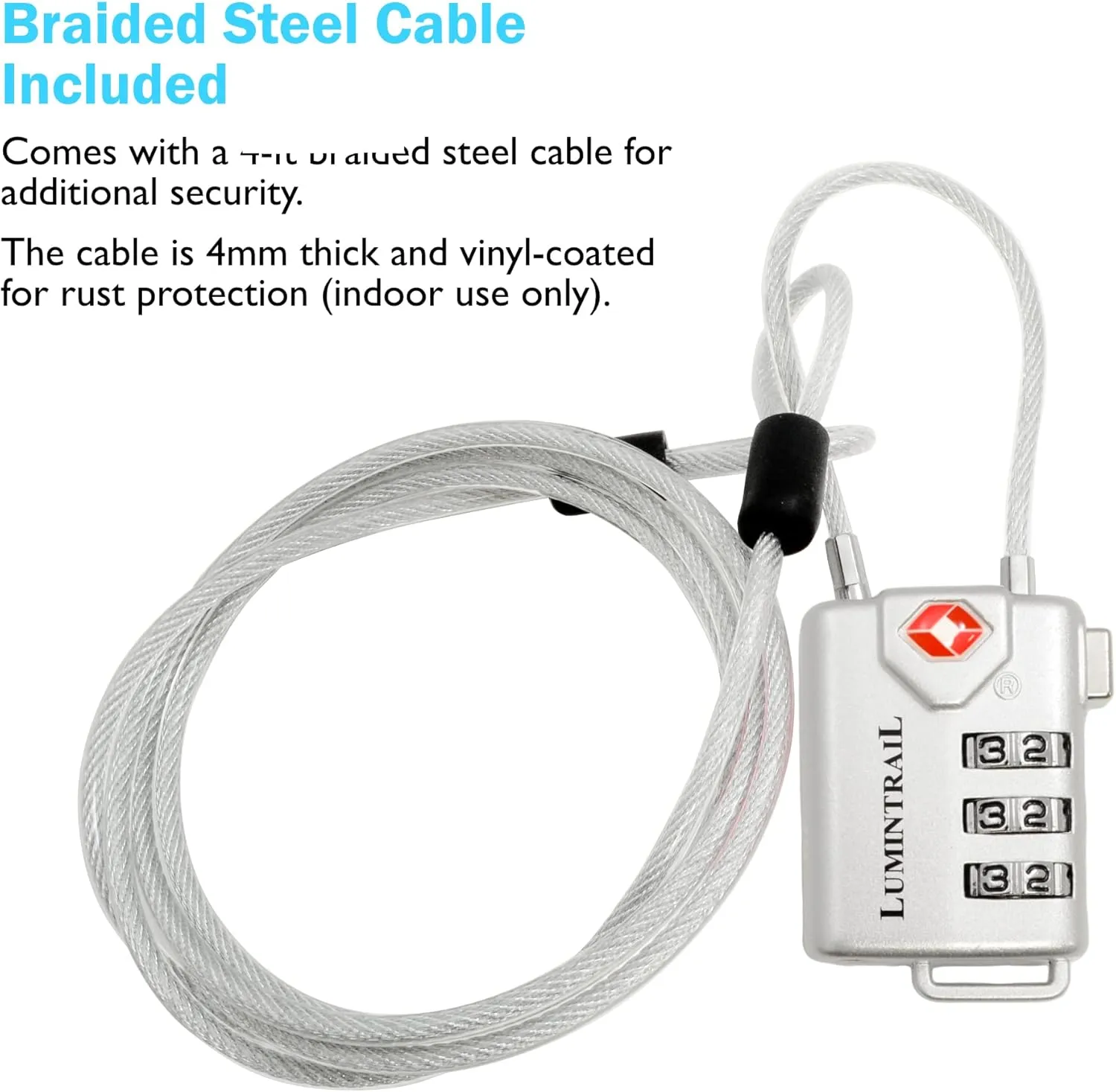 Lumintrail TSA Approved Lock for Luggage or Suitcase, Easy-to-Read 3 Digit Personalized Combination, Metal Travel Suitcase Luggage Lock, Silver, with a 4-FT Braided Steel Cable (1 Pack)