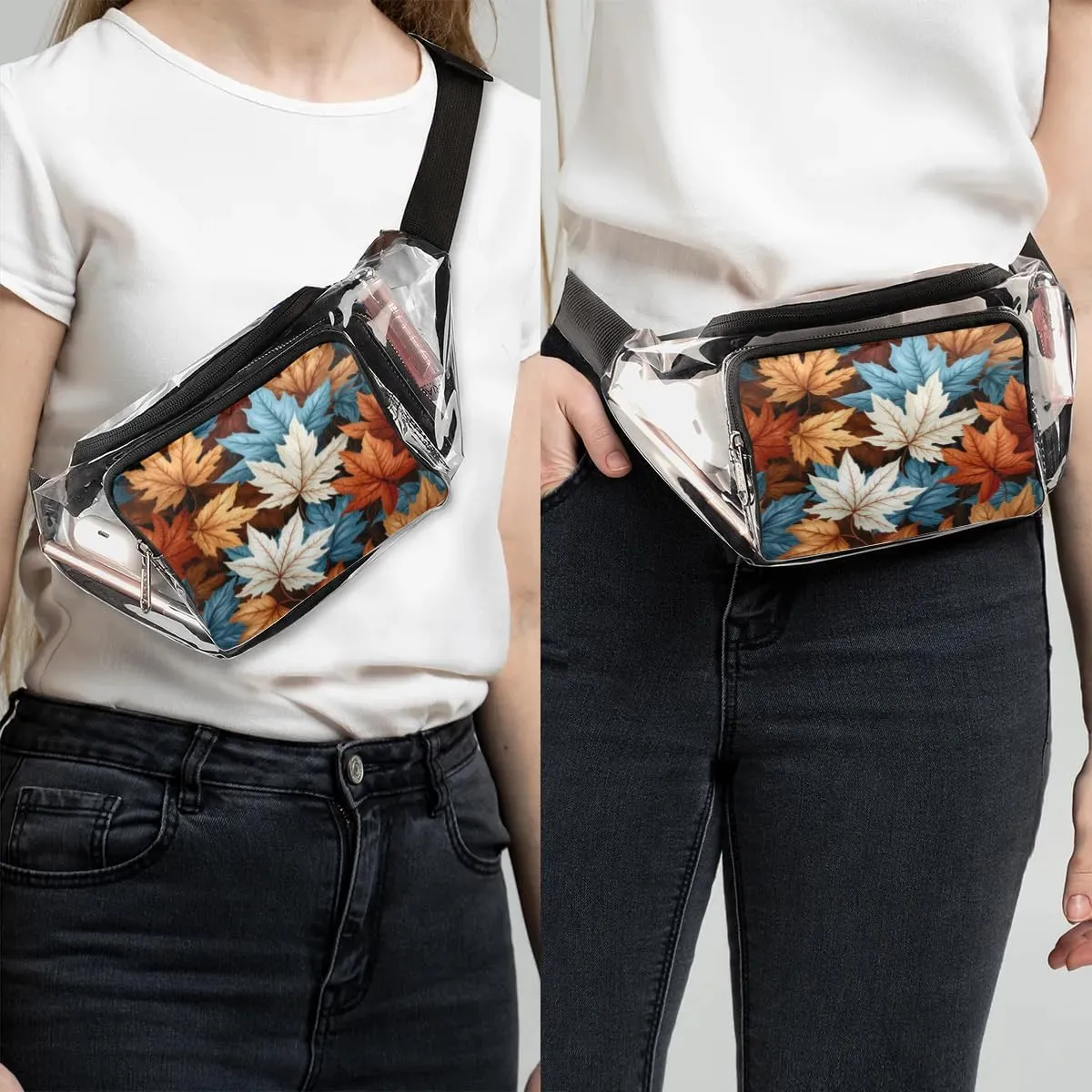 Maple Leaves Clear Bag Crossbody Clear Fanny Pack with Adjustable Strap Waterproof Transparent Waist Bag for Stadium Events, Hiking, Running