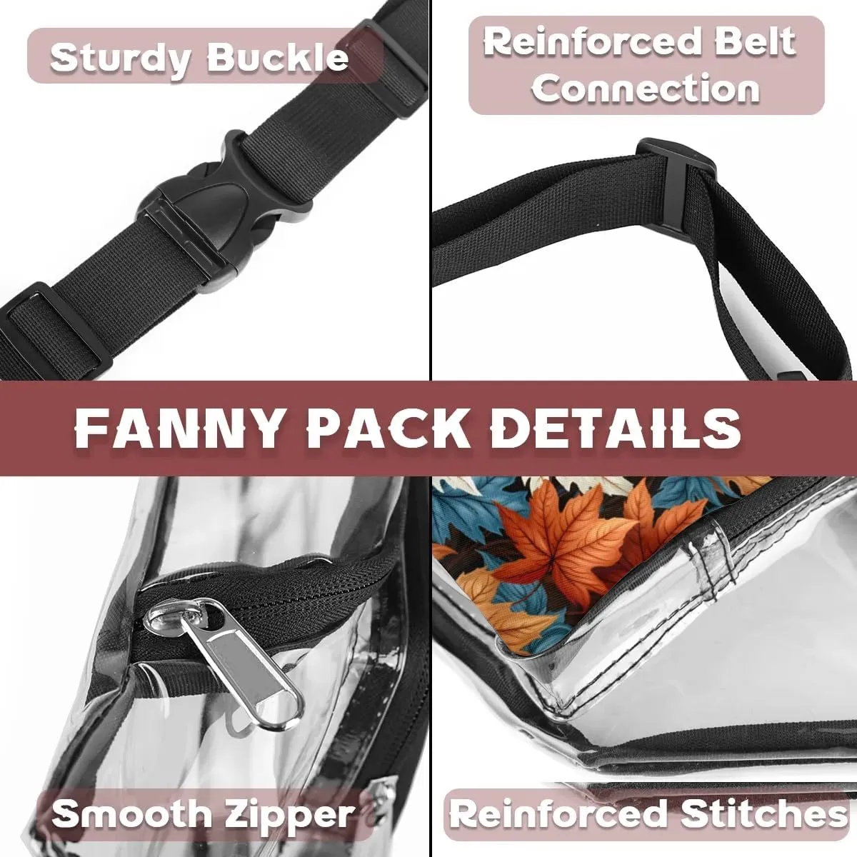 Maple Leaves Clear Bag Crossbody Clear Fanny Pack with Adjustable Strap Waterproof Transparent Waist Bag for Stadium Events, Hiking, Running