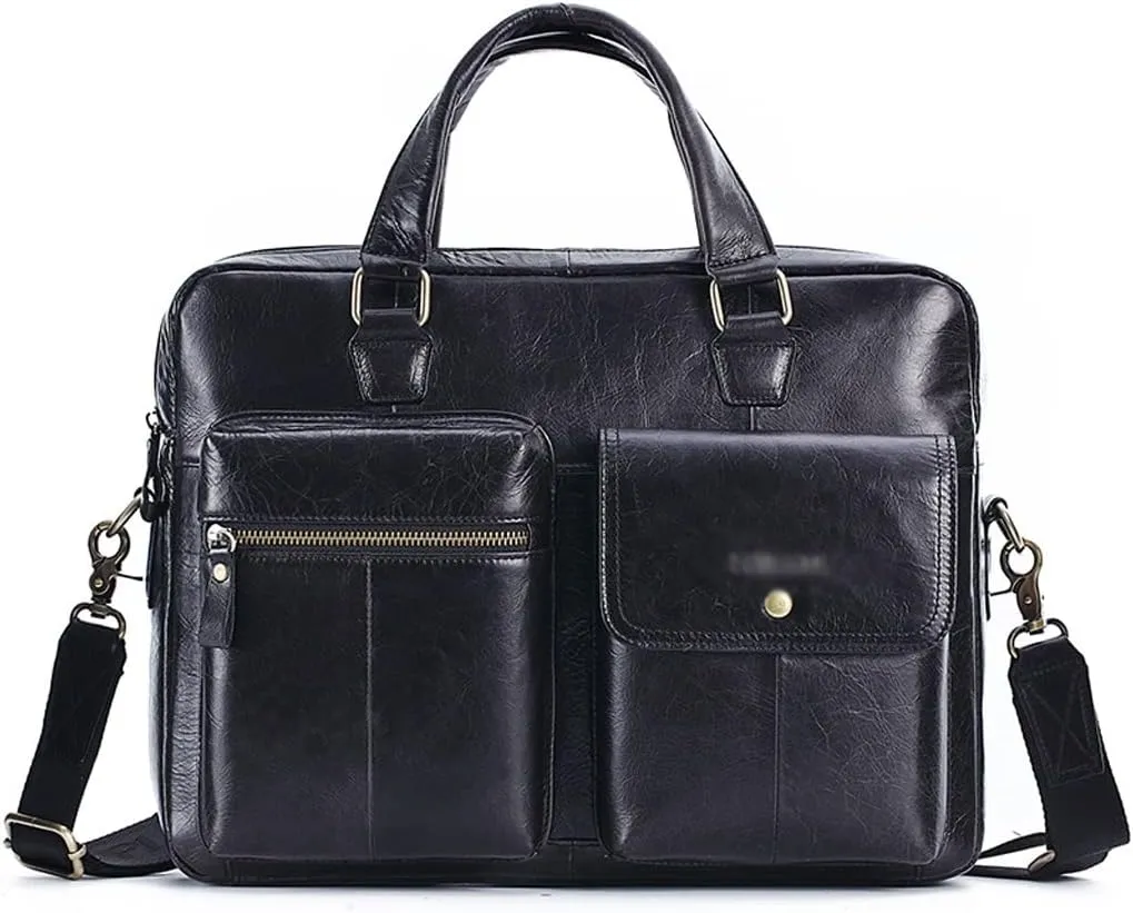 Men 14 Inch Laptop Briefcase Oil Wax Leather Convertible Messenger Bags Handbag Multifunctional Business Shoulder Bag (Color : Black, Size : 14 inch)
