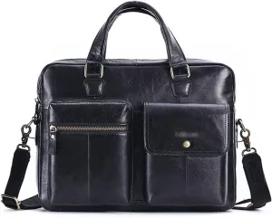 Men 14 Inch Laptop Briefcase Oil Wax Leather Convertible Messenger Bags Handbag Multifunctional Business Shoulder Bag (Color : Black, Size : 14 inch)