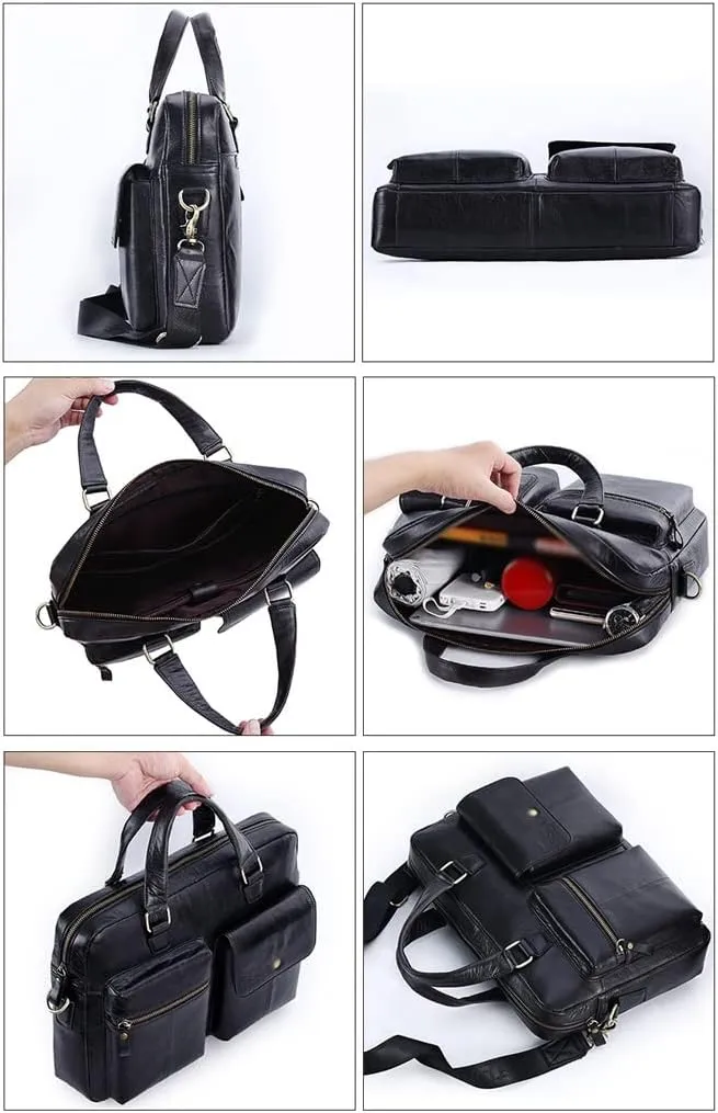 Men 14 Inch Laptop Briefcase Oil Wax Leather Convertible Messenger Bags Handbag Multifunctional Business Shoulder Bag (Color : Black, Size : 14 inch)