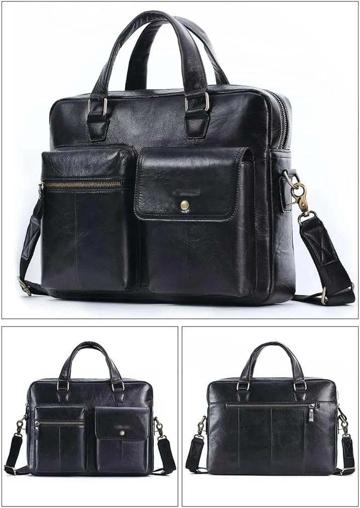 Men 14 Inch Laptop Briefcase Oil Wax Leather Convertible Messenger Bags Handbag Multifunctional Business Shoulder Bag (Color : Black, Size : 14 inch)