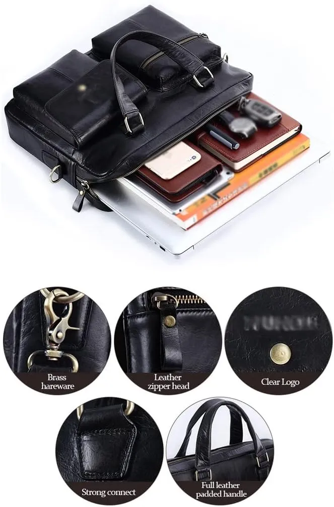 Men 14 Inch Laptop Briefcase Oil Wax Leather Convertible Messenger Bags Handbag Multifunctional Business Shoulder Bag (Color : Black, Size : 14 inch)