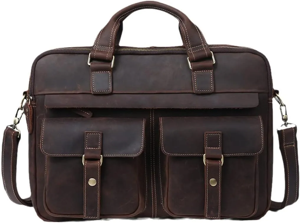 Men's Briefcases Crazy Horse Leather Shoulder Messenger Bags Portfolio 15.6" 17" Laptop Business Office Document Bags