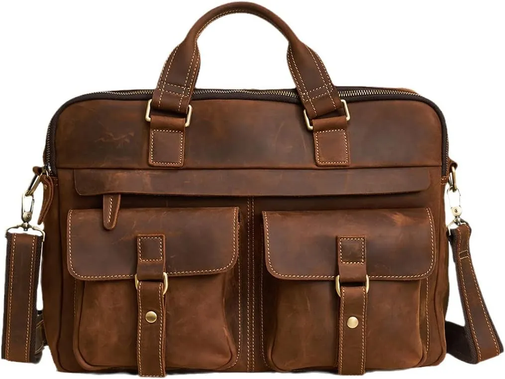 Men's Briefcases Crazy Horse Leather Shoulder Messenger Bags Portfolio 15.6" 17" Laptop Business Office Document Bags