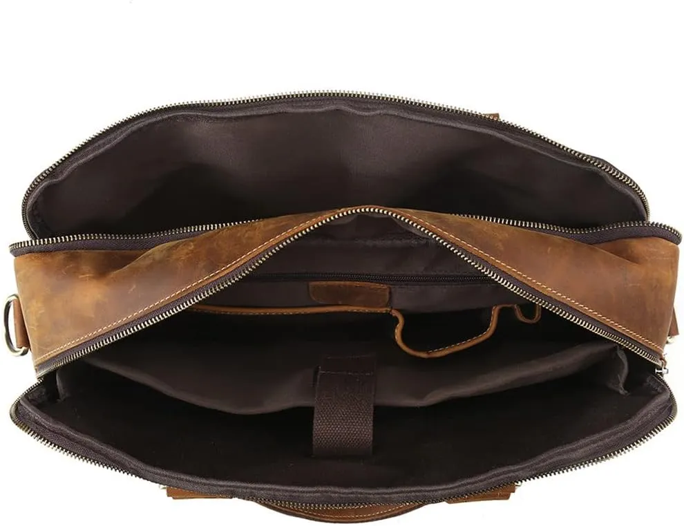Men's Briefcases Crazy Horse Leather Shoulder Messenger Bags Portfolio 15.6" 17" Laptop Business Office Document Bags