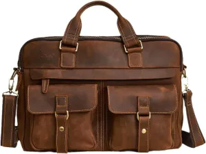 Men's Briefcases Crazy Horse Leather Shoulder Messenger Bags Portfolio 15.6" 17" Laptop Business Office Document Bags