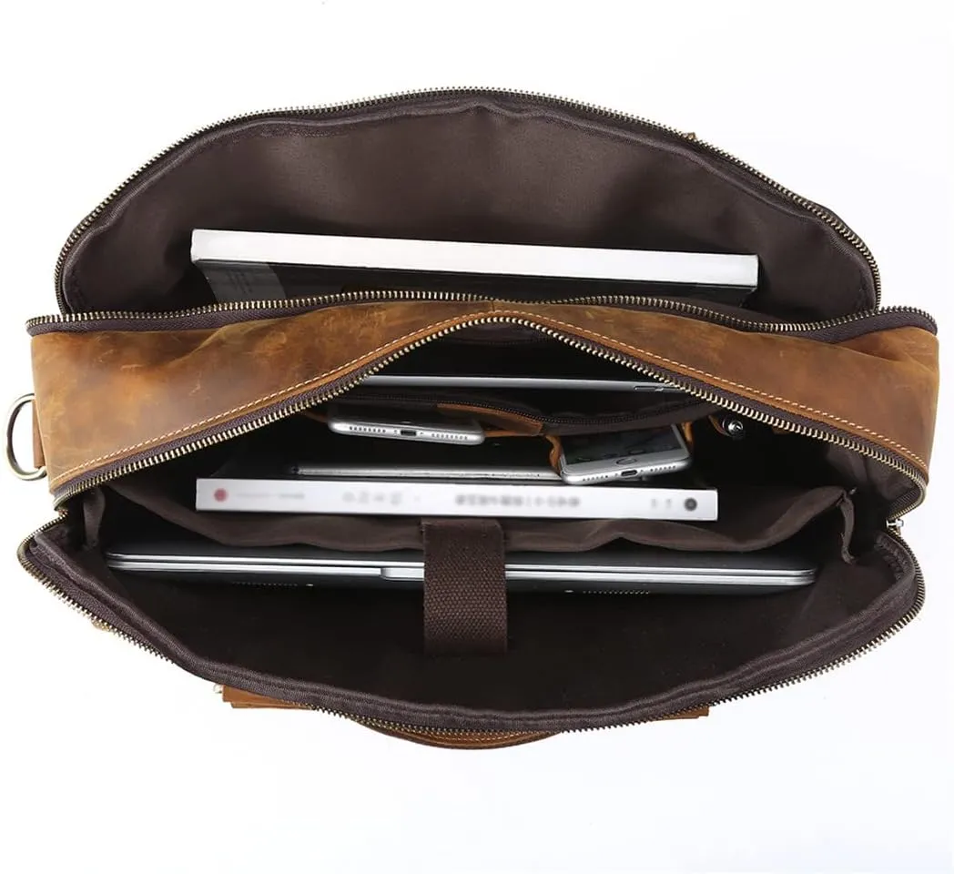 Men's Briefcases Crazy Horse Leather Shoulder Messenger Bags Portfolio 15.6" 17" Laptop Business Office Document Bags