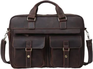 Men's Briefcases Crazy Horse Leather Shoulder Messenger Bags Portfolio 15.6" 17" Laptop Business Office Document Bags