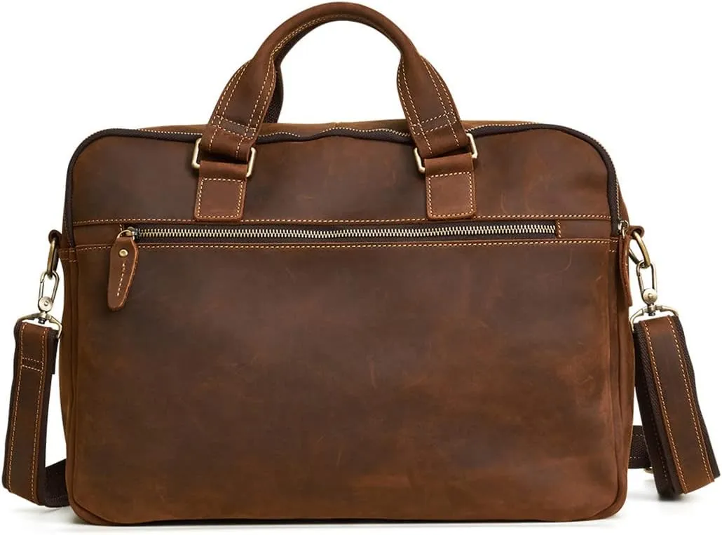 Men's Briefcases Crazy Horse Leather Shoulder Messenger Bags Portfolio 15.6" 17" Laptop Business Office Document Bags