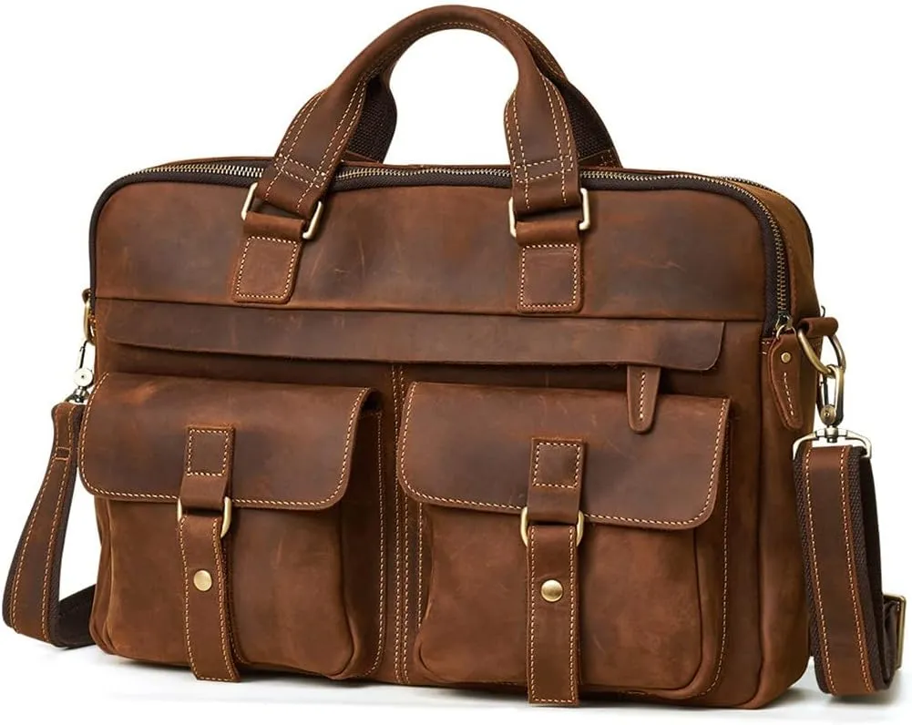 Men's Briefcases Crazy Horse Leather Shoulder Messenger Bags Portfolio 15.6" 17" Laptop Business Office Document Bags