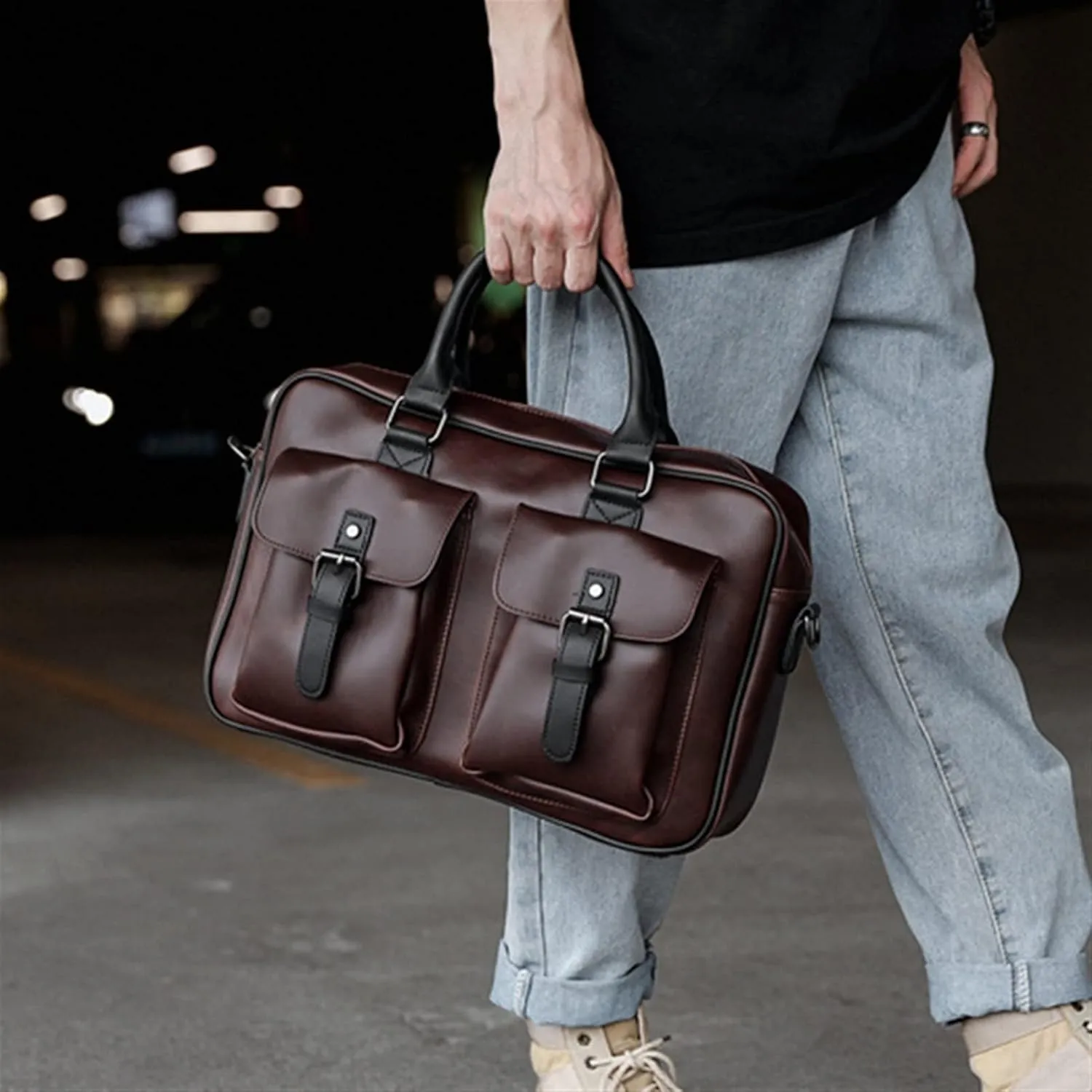 Messenger Bag, PU Leather Men's Briefcases 13inch Laptop Bag Office Bags for Men Document Business Shoulder Messenger Bag