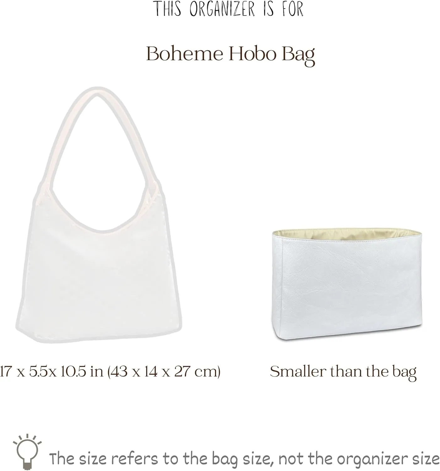 Organizer for Boheme Hobo Bag, Lightweight Insert, DupontPaper and Satin Silk Liner, 34 Interior Colors (Beige)
