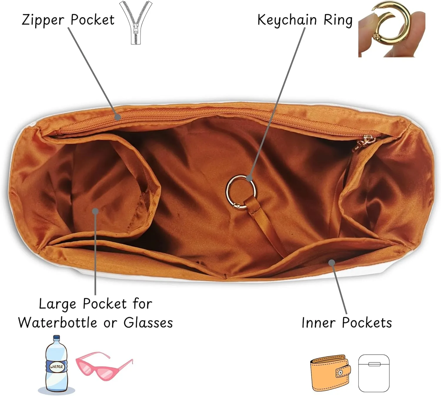 Organizer for Low Key Hobo PM/MM, Lightweight Bag Insert, DupontPaper and Satin Silk Liner, 34 Interior Colors (PM, Champagne)