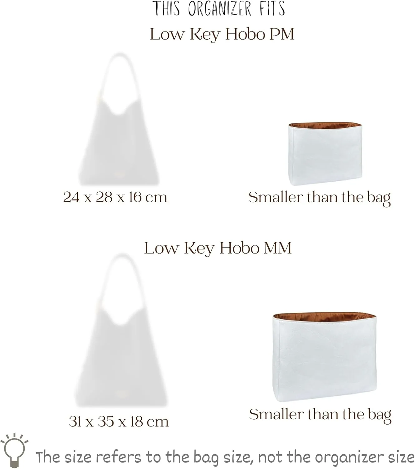Organizer for Low Key Hobo PM/MM, Lightweight Bag Insert, DupontPaper and Satin Silk Liner, 34 Interior Colors (PM, Champagne)