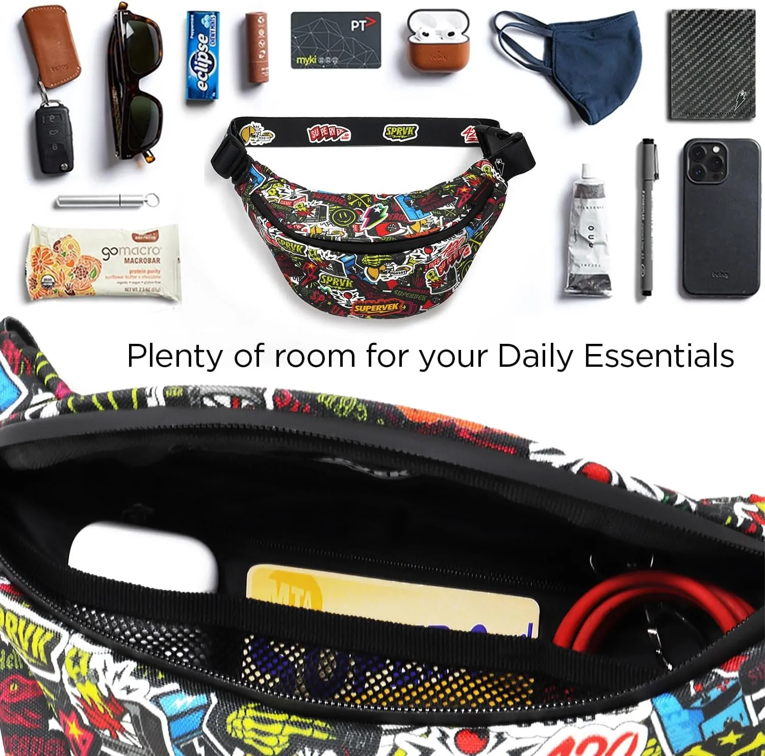PRO Fanny Pack for Men Women - YKK Waterproof Zipper & Fabric, Crossbody Bag Waist Pack, Belt Bag for Travel Running Outdoor Hiking Cycling - Carry Any Phone, Wallet - Sticker Bomb