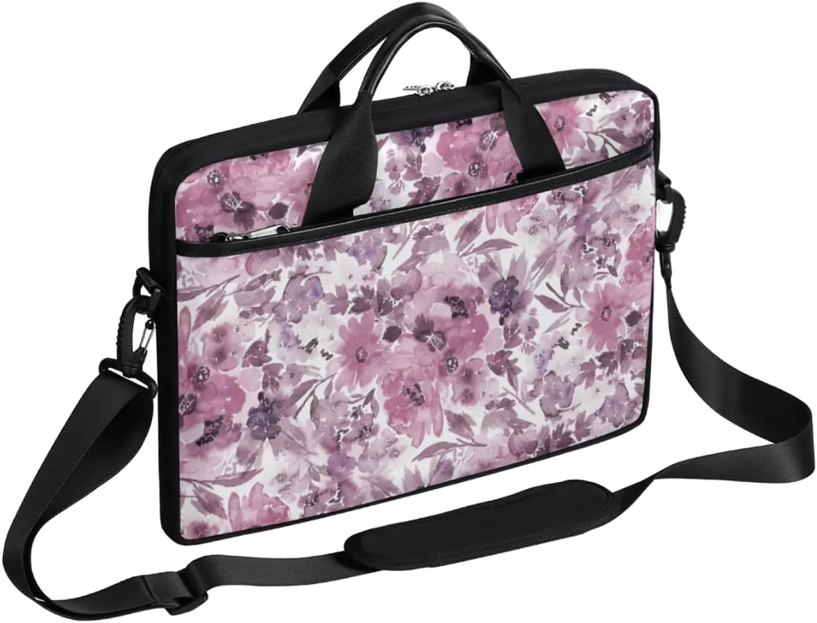Purple Flower Painted Laptop Shoulder Messenger Bag Waterproof Laptop Briefcase with Handle and Padded Strap Case Sleeve for 13 13.3 14 15.6 Inch Laptop Case