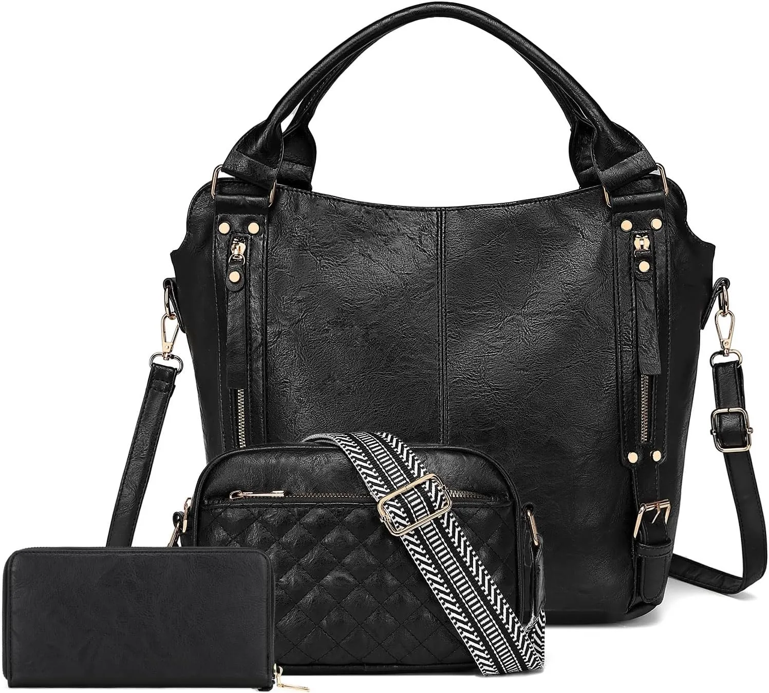Purses for Women 3PCS,Large Leather Crossbody Shoulder Hobo Tote Bag Set with Ladies Wallet Handbags Guitar Strap