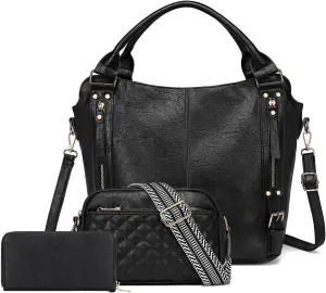 Purses for Women 3PCS,Large Leather Crossbody Shoulder Hobo Tote Bag Set with Ladies Wallet Handbags Guitar Strap