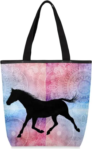 QsirBC Horse Animals Texture Canvas Tote Bag for Women Reusable Shoulder Totebag Pocket Zipper Casual Handbag