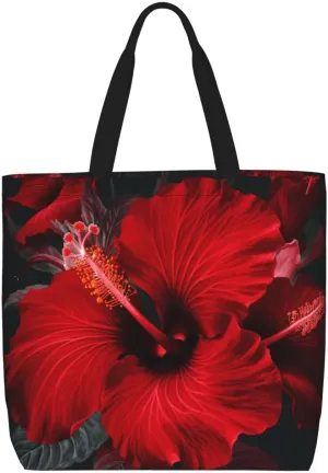 Red Hibiscus Flowers Tote Bag for Women Hobo Handbags with Zipper Large Shoulder Bag Shopping Bags Travel Purse
