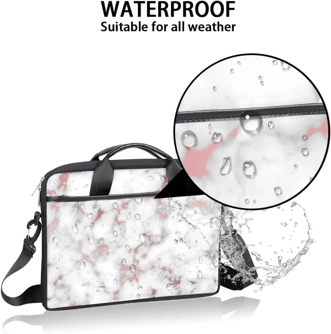 Rose Gold White Marble Laptop Shoulder Messenger Bag Waterproof Laptop Briefcase with Handle and Padded Strap Case Sleeve