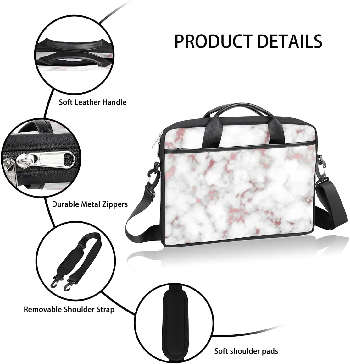 Rose Gold White Marble Laptop Shoulder Messenger Bag Waterproof Laptop Briefcase with Handle and Padded Strap Case Sleeve