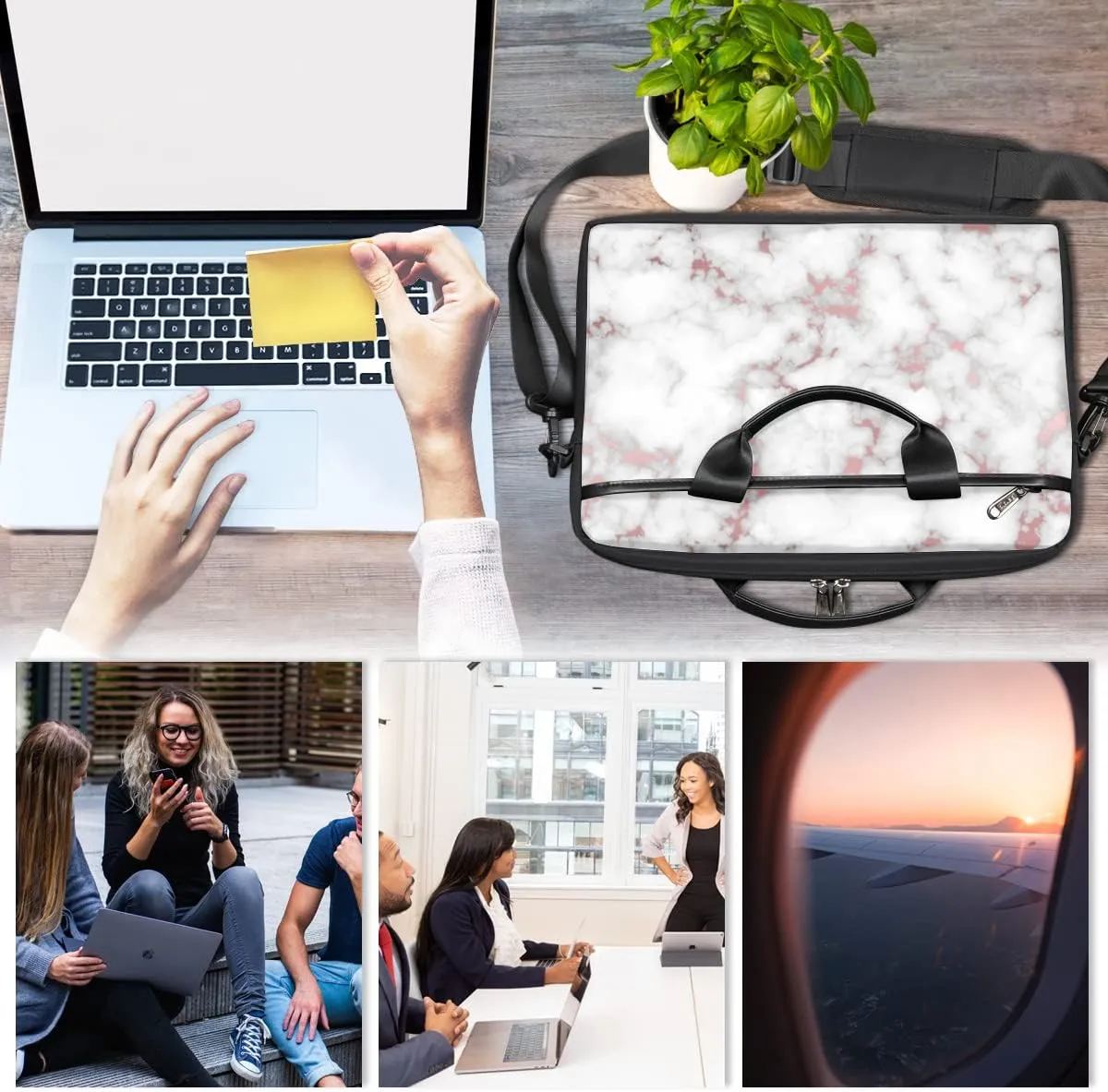 Rose Gold White Marble Laptop Shoulder Messenger Bag Waterproof Laptop Briefcase with Handle and Padded Strap Case Sleeve