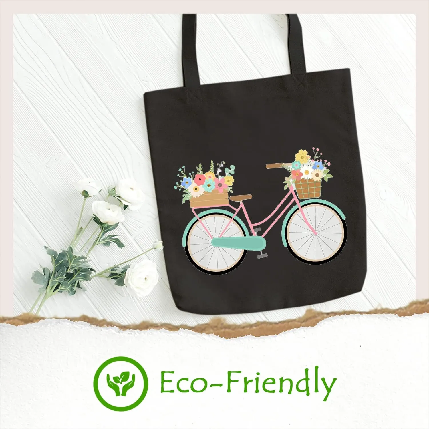 SAUIVD Bicycle Flower Graphic Canvas Tote Bag Eco Friendly Casual Shoulder Bag Lightweight Shopping Bag Mother Gift