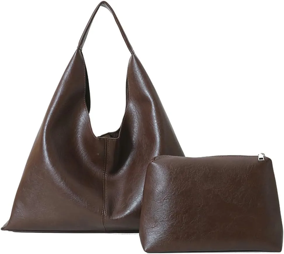 Slouchy Hobo Bags for Women Tote Bag Retro PU Leather Crossbody Bag Soft Shoulder Purses Handbags Large Capacity 2pcs, B Coffee