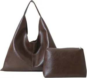 Slouchy Hobo Bags for Women Tote Bag Retro PU Leather Crossbody Bag Soft Shoulder Purses Handbags Large Capacity 2pcs, B Coffee