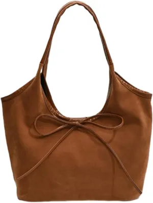 Suede Tote Bags for Women Suede Bow-Tie Shoulder Bag Ladies Womens Hobo Bag Purse Top Handle Handbag Office Tote Travel Tote