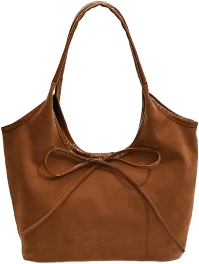 Suede Tote Bags for Women Suede Bow-Tie Shoulder Bag Ladies Womens Hobo Bag Purse Top Handle Handbag Office Tote Travel Tote