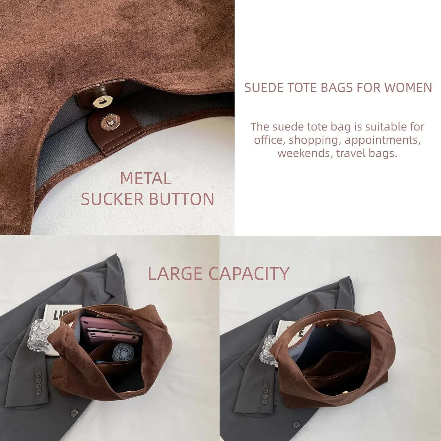 Tote Bags for Women Work Bags Suede Purse Slouchy Bag Hobo Handbag Office Tote Handbag for Shopping Large Brown Shoulder Bag