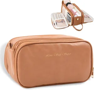 Travel Makeup Bag - Large Capacity Cosmetic Bags For Women Portable Opening Travel Toiletry Bags, Waterproof PU Leather Pouch Open Flat Makeup Organizer With Handle and Divide Brown