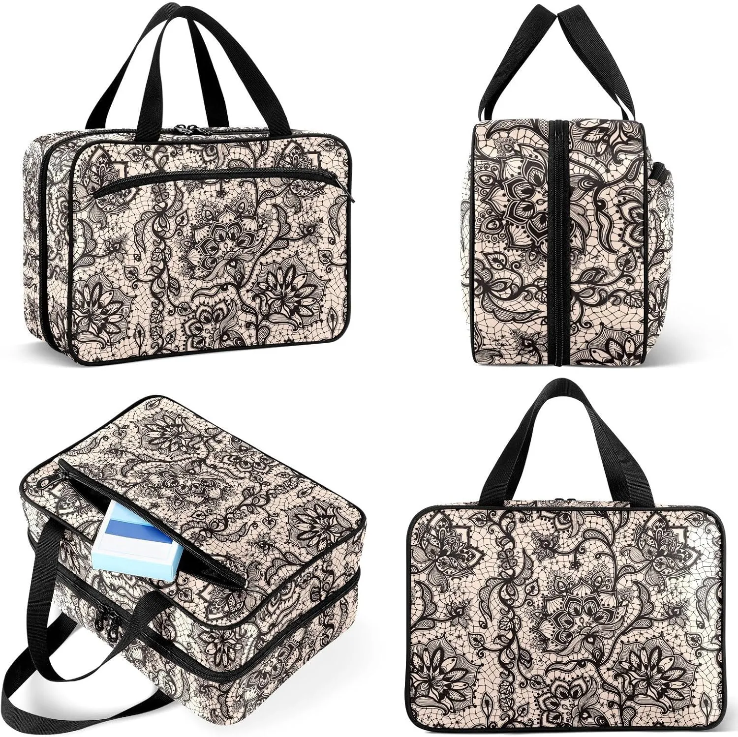 Travel Toiletry Bag for Woman/Men,Black Lace Patteerned Butterfly Flower Hanging Organizer Bag with Pockets Portable Folding Travel Case Bags for Makeup Cosmetic Toiletries Storage Traveling-M