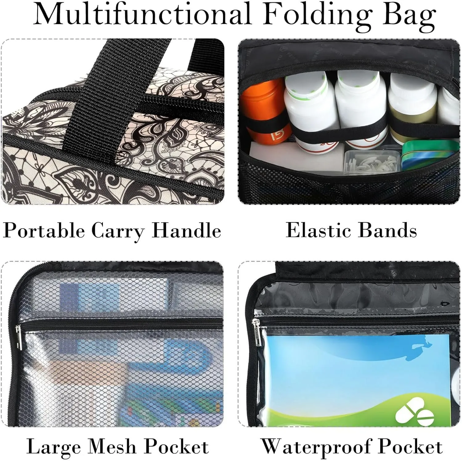 Travel Toiletry Bag for Woman/Men,Black Lace Patteerned Butterfly Flower Hanging Organizer Bag with Pockets Portable Folding Travel Case Bags for Makeup Cosmetic Toiletries Storage Traveling-M