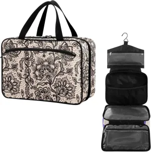 Travel Toiletry Bag for Woman/Men,Black Lace Patteerned Butterfly Flower Hanging Organizer Bag with Pockets Portable Folding Travel Case Bags for Makeup Cosmetic Toiletries Storage Traveling-M