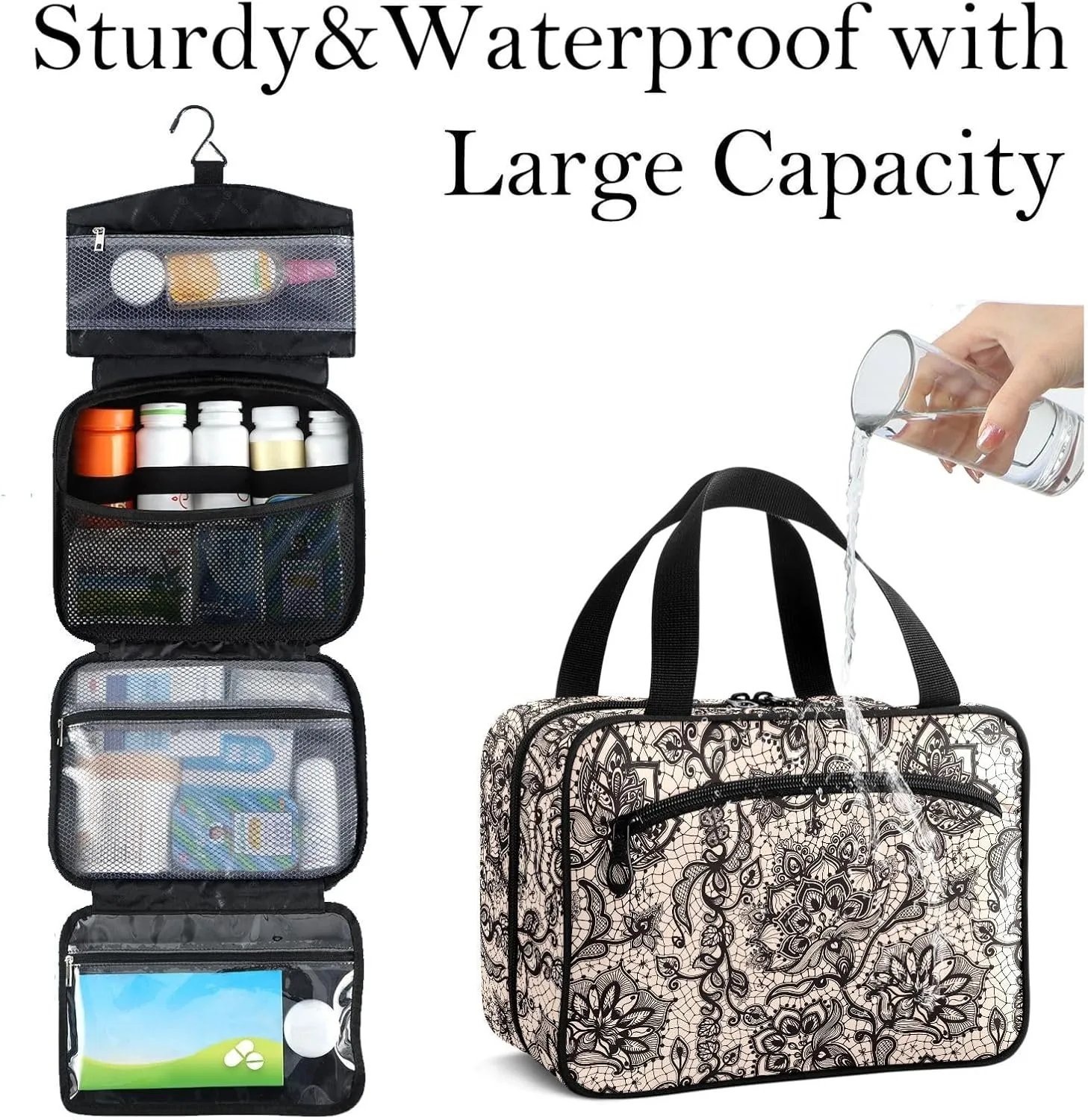 Travel Toiletry Bag for Woman/Men,Black Lace Patteerned Butterfly Flower Hanging Organizer Bag with Pockets Portable Folding Travel Case Bags for Makeup Cosmetic Toiletries Storage Traveling-M