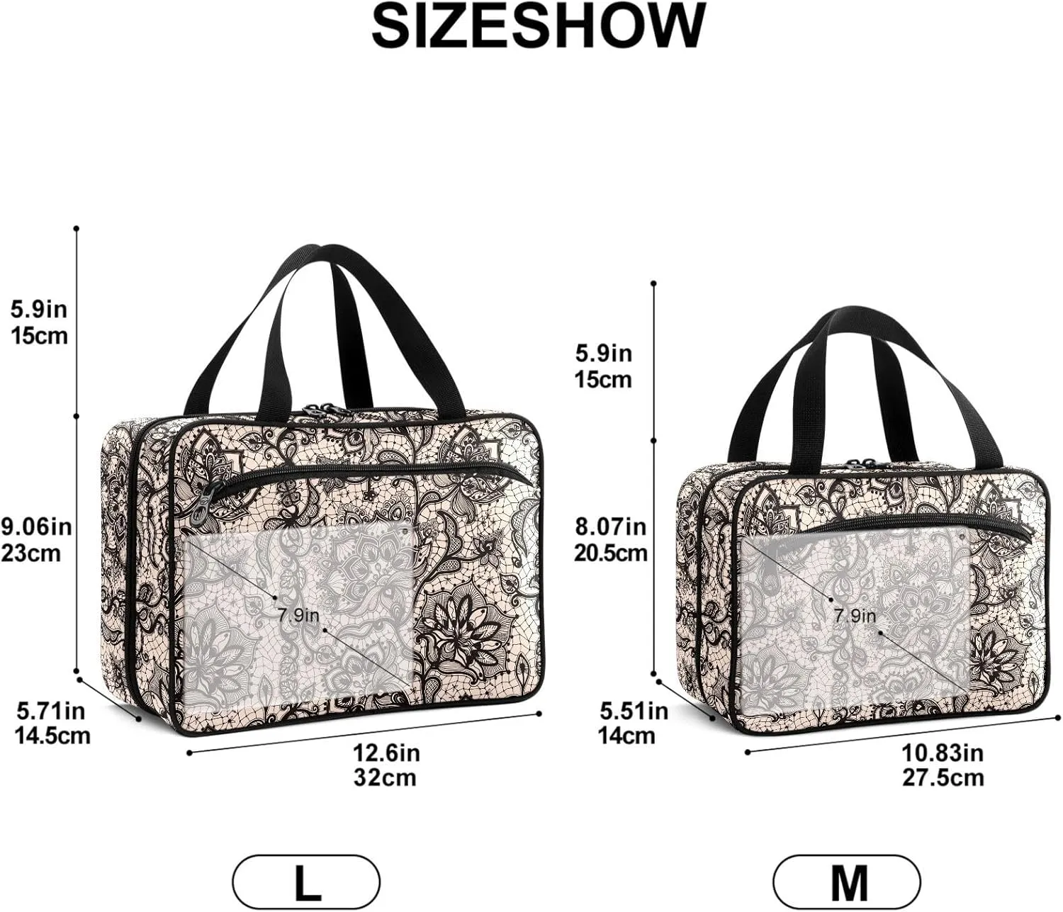 Travel Toiletry Bag for Woman/Men,Black Lace Patteerned Butterfly Flower Hanging Organizer Bag with Pockets Portable Folding Travel Case Bags for Makeup Cosmetic Toiletries Storage Traveling-M