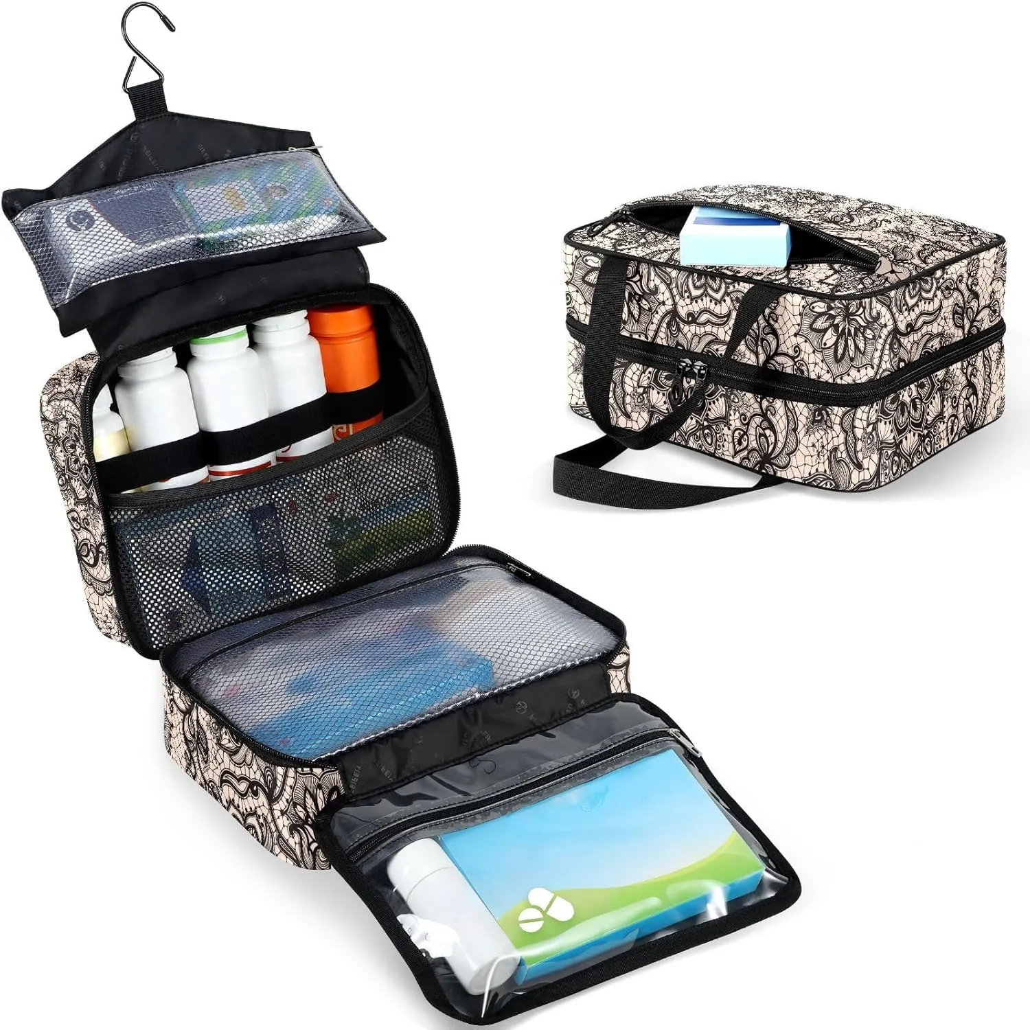 Travel Toiletry Bag for Woman/Men,Black Lace Patteerned Butterfly Flower Hanging Organizer Bag with Pockets Portable Folding Travel Case Bags for Makeup Cosmetic Toiletries Storage Traveling-M