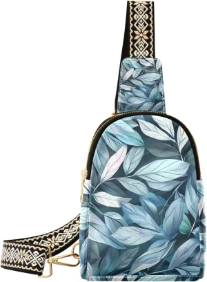 Trendy Blue-green Gray Leaves women's fanny pack leather fanny pack crossbody bags for travel